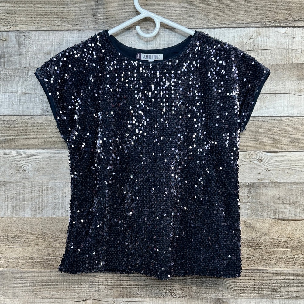 Jennifer Lopez Womens Navy Blue Sequin Top Short Sleeve Petite Small‎ Oversized